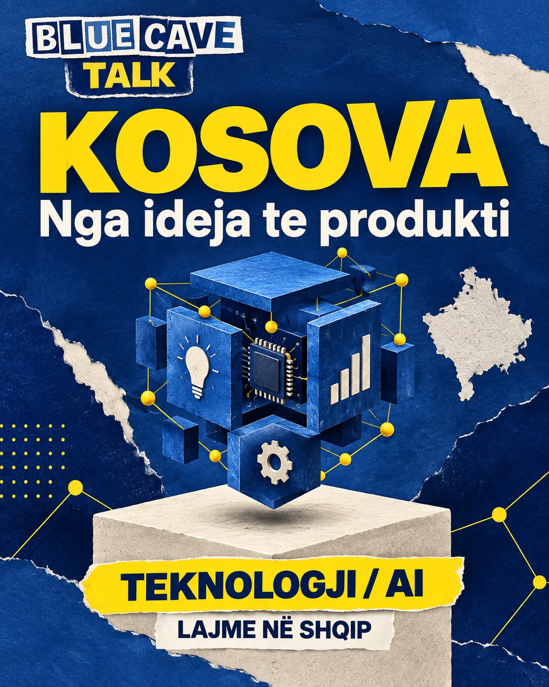 Blue Cave Talk — Kosova e teknologjisë: nga prezantimet te produktet reale · Ilustrim konceptual AI.