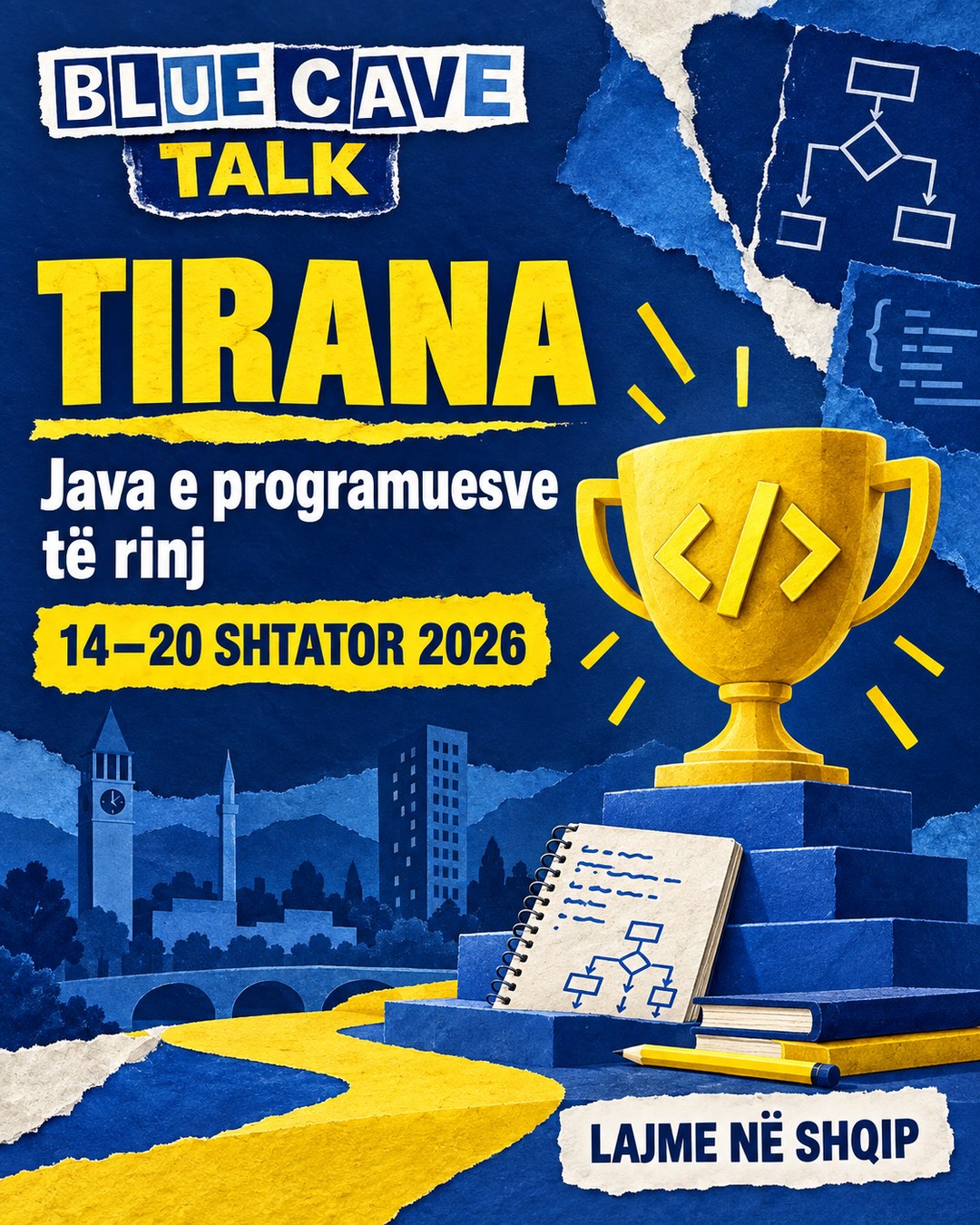 Blue Cave Talk — Tirana pret javën e programuesve të rinj të Ballkanit · Ilustrim konceptual AI.