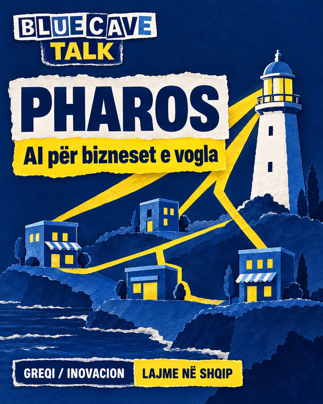 Blue Cave Talk — AI për bizneset e vogla: PHAROS hap konsultime falas · Ilustrim konceptual AI.