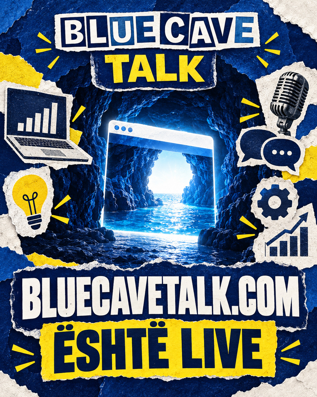 Poster i Blue Cave Talk me tekstin BlueCaveTalk.com është live, në ngjyrat blu, të bardhë dhe të verdhë.